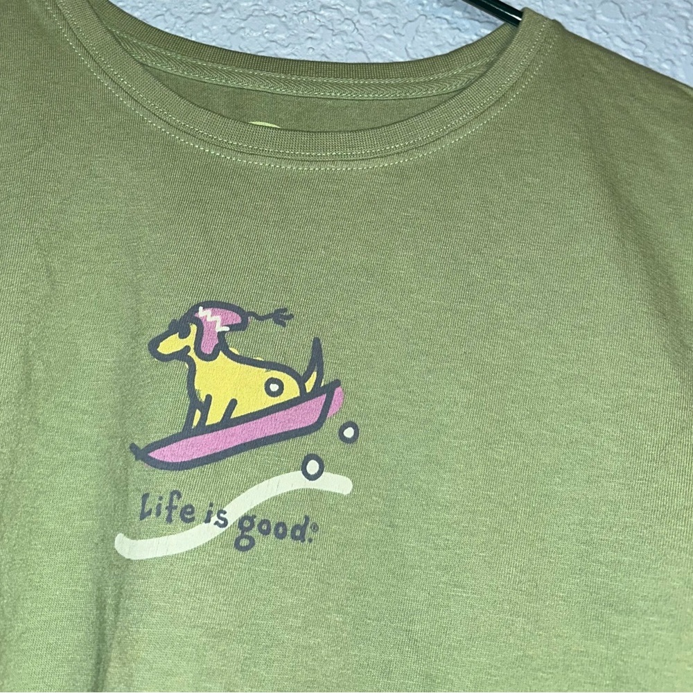 Life Is Good Olive Tee with Yellow Dog and Pink Hat